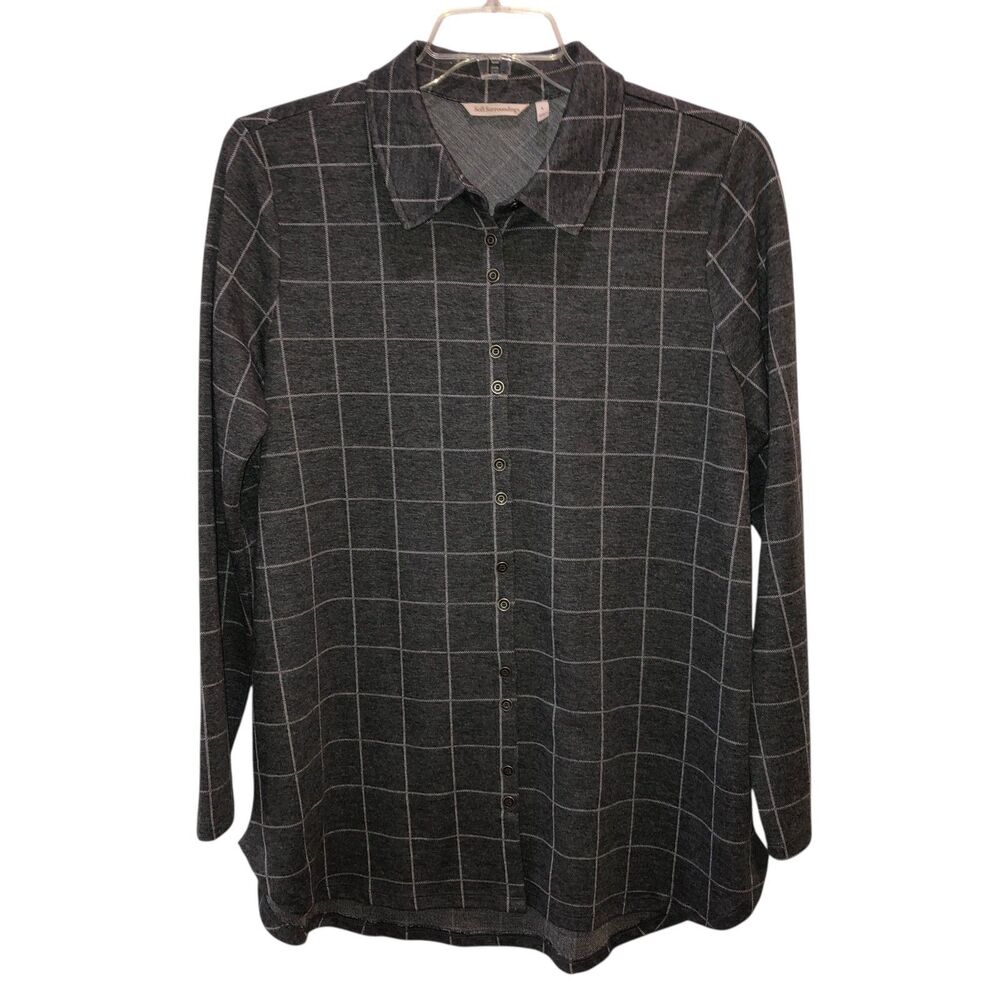 Soft Surroundings Womens Large Gray Checkered Long Sleeve Button Up Shirt Tunic